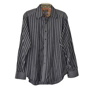 A6 Auth ROBERT GRAHAM Grey White Striped Long Sleeve Shirt Size M